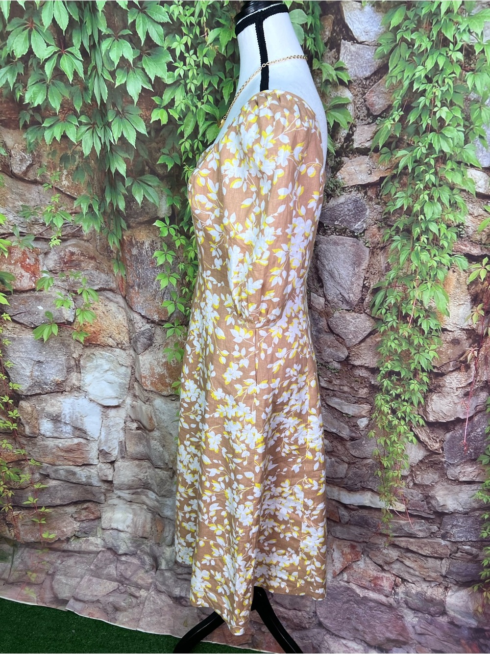 DRAPER JAMES Camel Cottagecore Floral Linen Sweetheart Neckline Dress, 2 - Picture 6 of 14